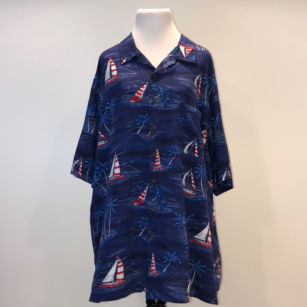 100%Rayon- Men’s George Hawaiian Shirt 2XL Red Wht & Blue